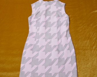 Vintage 60s Pink Grey Mini Sheath Dress Geometric Print Sleeveless M UK 12