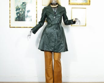 Vintage 1970s Forest Green Leather Jacket Tailored Belted A-Line Size S
