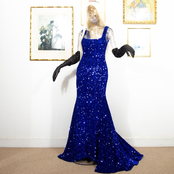 Vintage 80s Royal Blue Sequin Gown  Fishtail Evening Dress, UK 12 - Etsy
