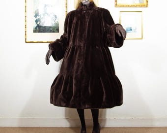 1980s Faux Fur Swing Coat: Vintage Brown Trapeze Jacket, Size L
