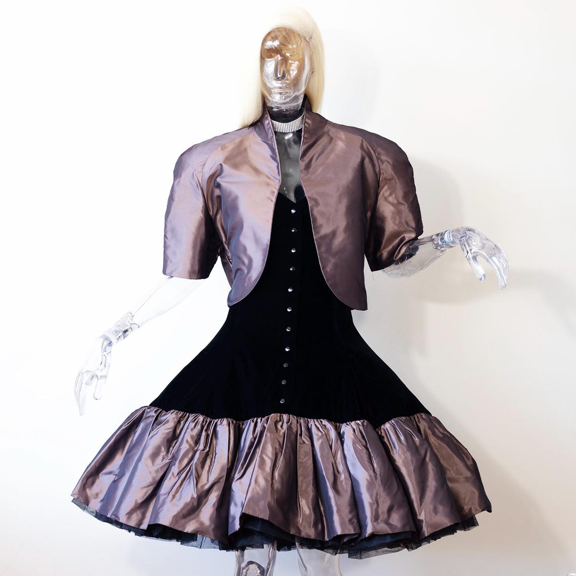 Vintage Scaraonati Black Velvet Purple Silk Taffeta Dress Bolero Set UK 8-10/US 4-6, foto 3 de 5