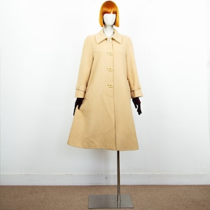 Vintage 1960s Beige Wool Maxi Trapeze Overcoat Big Buttons Retro Size S UK 10