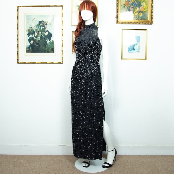 Vintage 1990s Black Maxi Evening Embellished Dress With Beads Sequins And Pearls Sleeveless Size S UK 8