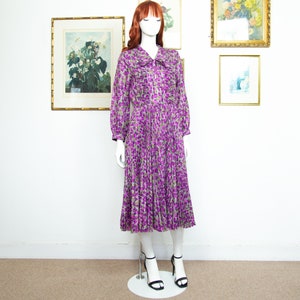Vintage 1980s Purple Floral Pleated Dress Peter Pan Collar Long Sleeves Size M UK 12-14