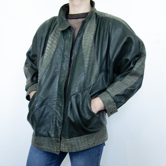 Vintage 80s Dark Green Real Leather Oversized Jacket Puffed