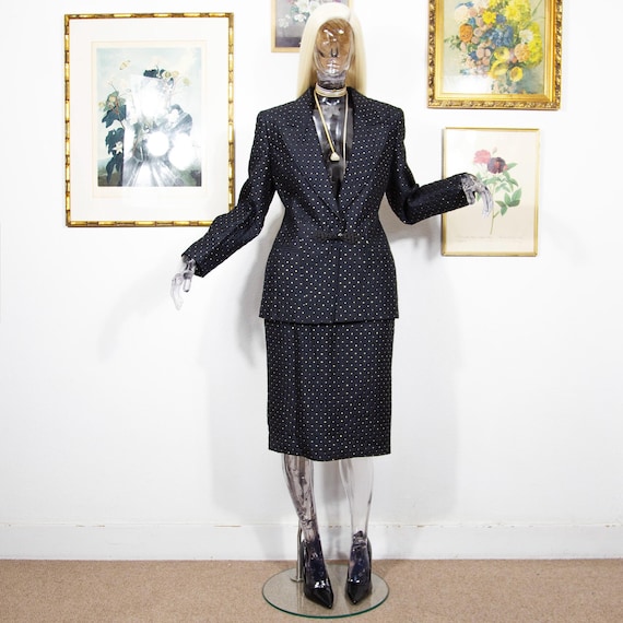 Vintage 1980s Valentino Miss V Quilted Silk Suit | Black Gold