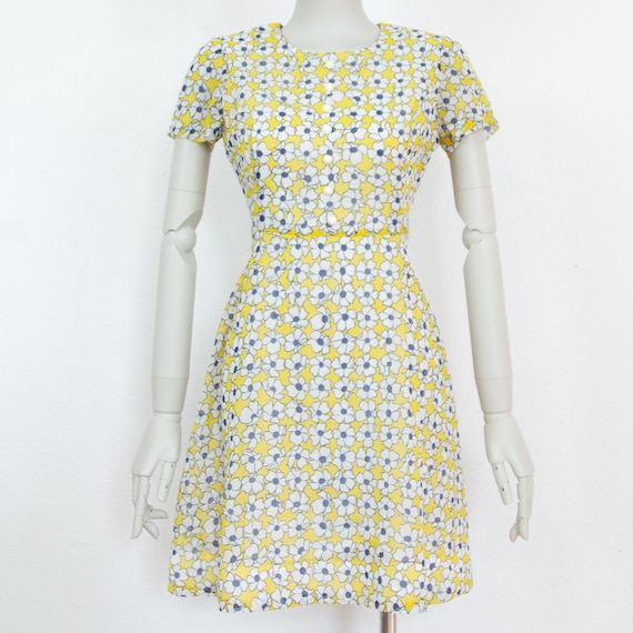 Vintage 70s White Yellow Blue Floral Mini Dress S… - image 2