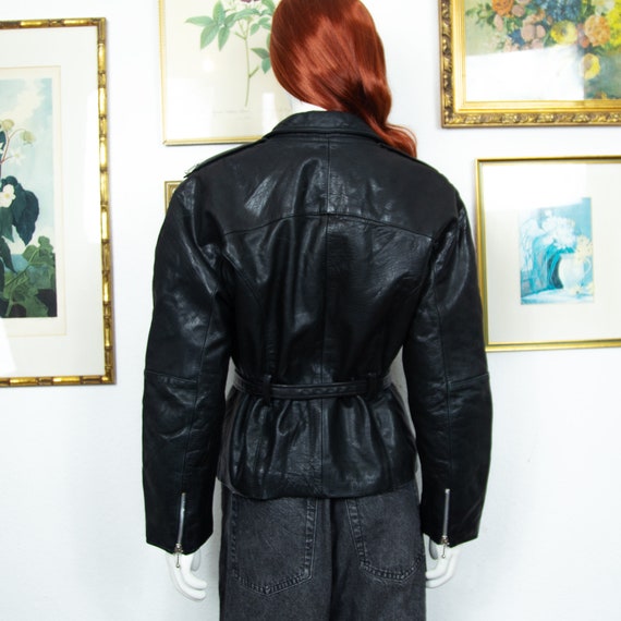 Vintage 1980s Black Real Leather Cinched Jacket W… - image 2