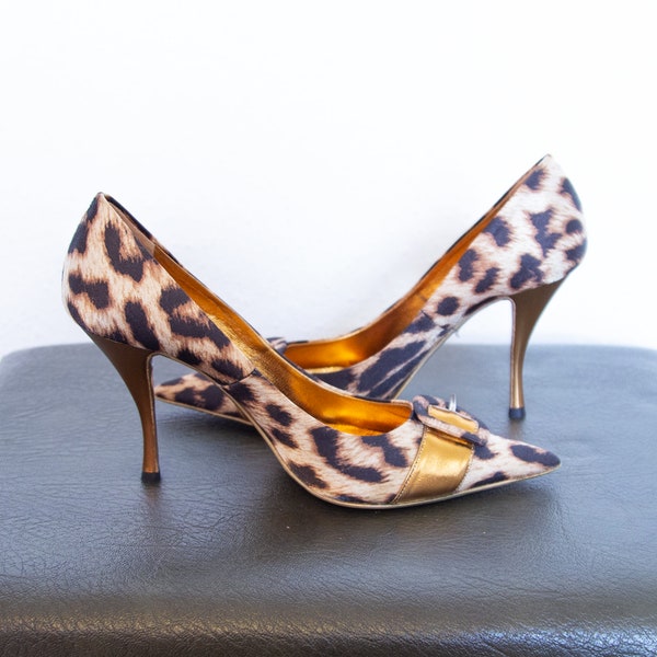 Le Silla Y2K Beige Leopard Print Pump High Stiletto Heels Shoes Pointed Toes With Buckle Real Leather Size UK 3 EU 35.5