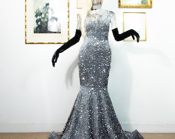 Vestido largo estilo sirena con lentejuelas plateadas de los años 90 / Vestido largo con cordones y espalda descubierta, talla 10 del Reino Unido