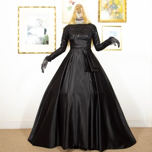 Vintage 80s Black Sequin Bodice Ball Gown: Taffeta Opera Dress, Size S