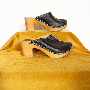 Vintage 1970s Black Leather Wooden Clogs Boho Platform Heels Size UK 2 EU 35