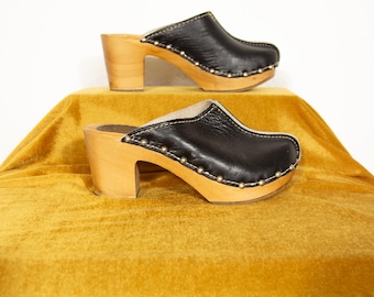 Vintage 1970s Black Leather Wooden Clogs Boho Platform Heels Size UK 2 EU 35