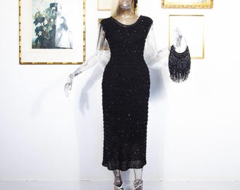 Vintage 1960s Black Beaded Crochet Evening Dress Hand Knitted Size UK 12