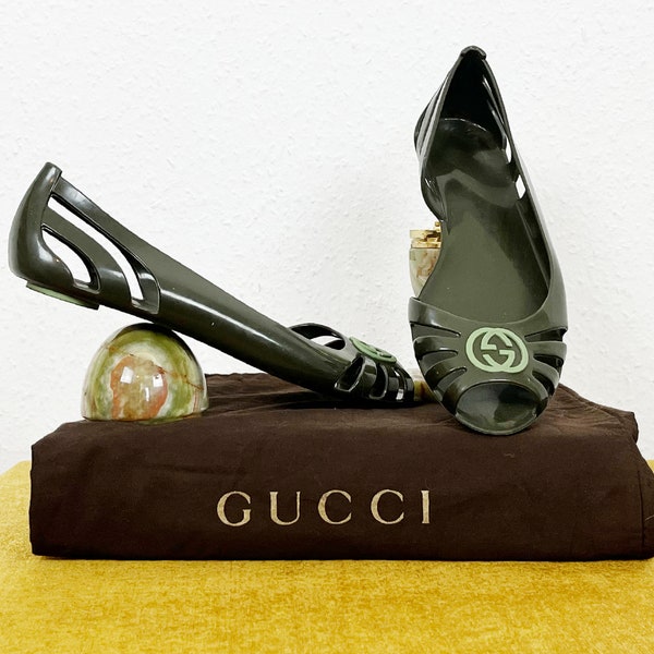 Gucci Dark Green Rubber Ballerina Flats With Front Logo Size UK 2 EU 35