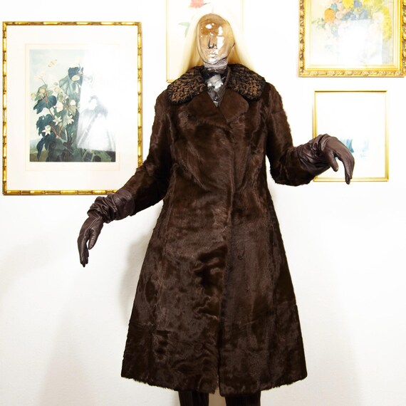 1960s Pony Hair Coat – Chocolate Brown Astrakhan Collar, UK 12 M