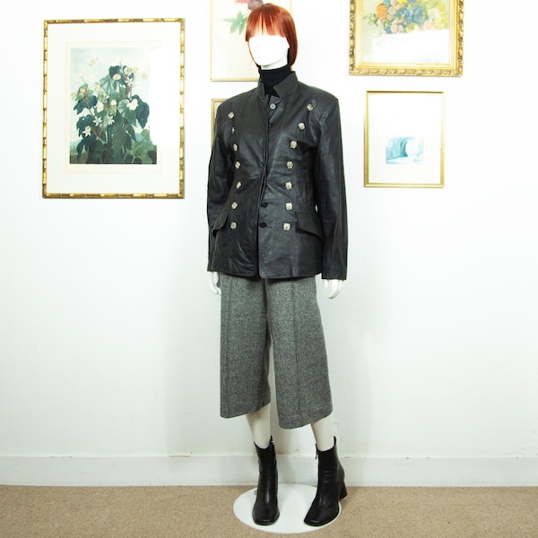 Vintage 1990s Real Leather Jacket Silver Buttons Band Collar Fitted Size M