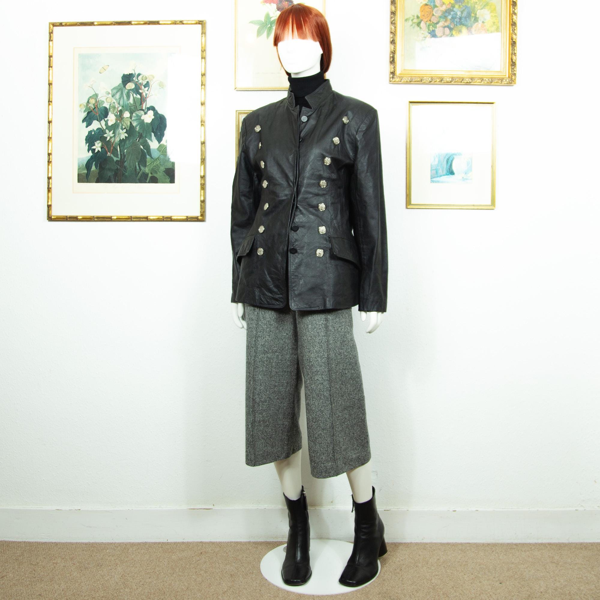 Vintage 1990s Real Leather Jacket Silver Buttons Band Collar