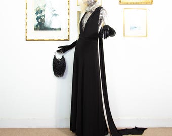Vintage 1990s Black Evening Gown | Dramatic Draped Scarf Sleeveless Style Size S