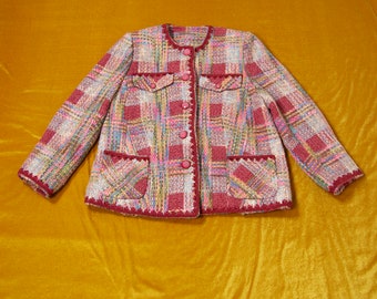 Vintage 1980er Mehrfarbige Wolle Strick Jacke Front Knöpfe Und Taschen Größe M UK 14