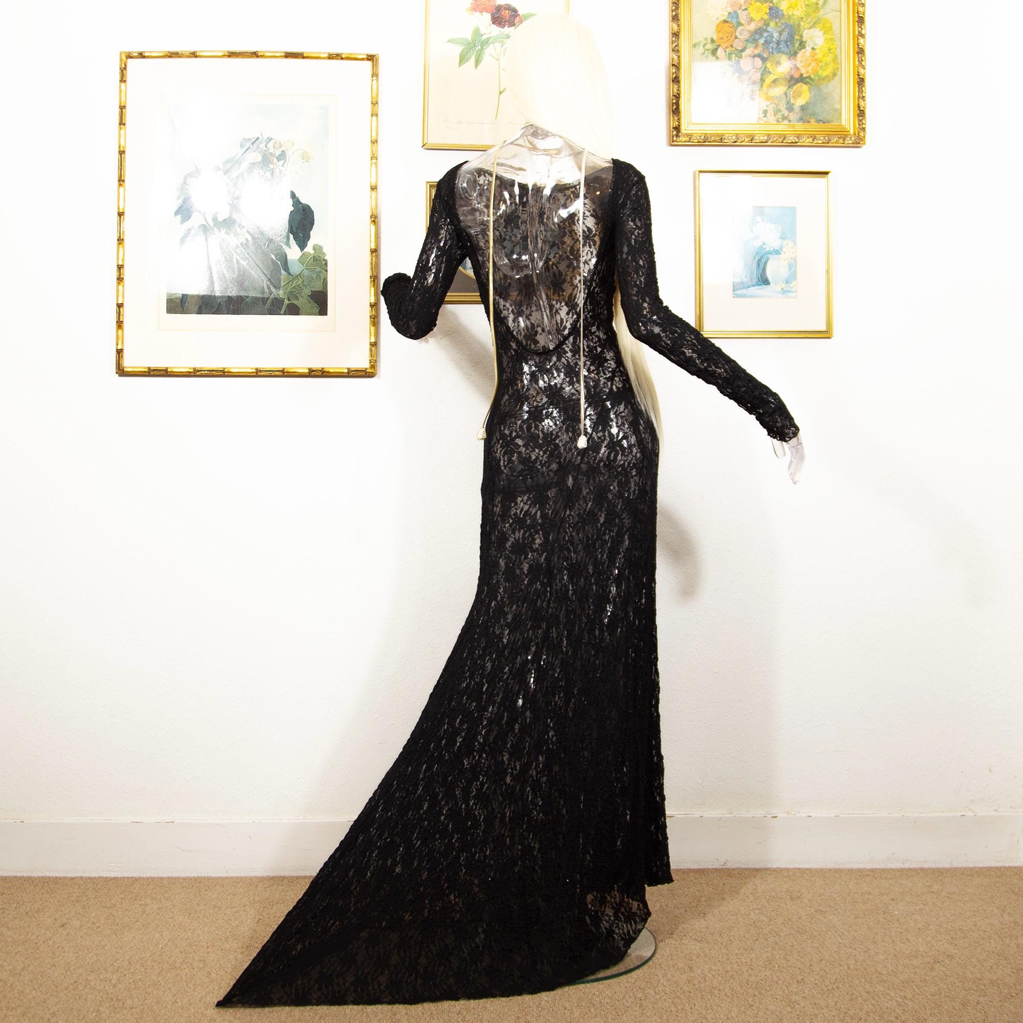 long black dress vintage 1990s Lace Maxi Gown Evening Party Sleeves Sheer Size S Vestido Mini Manga Larga winery dress Its also great for Size:60