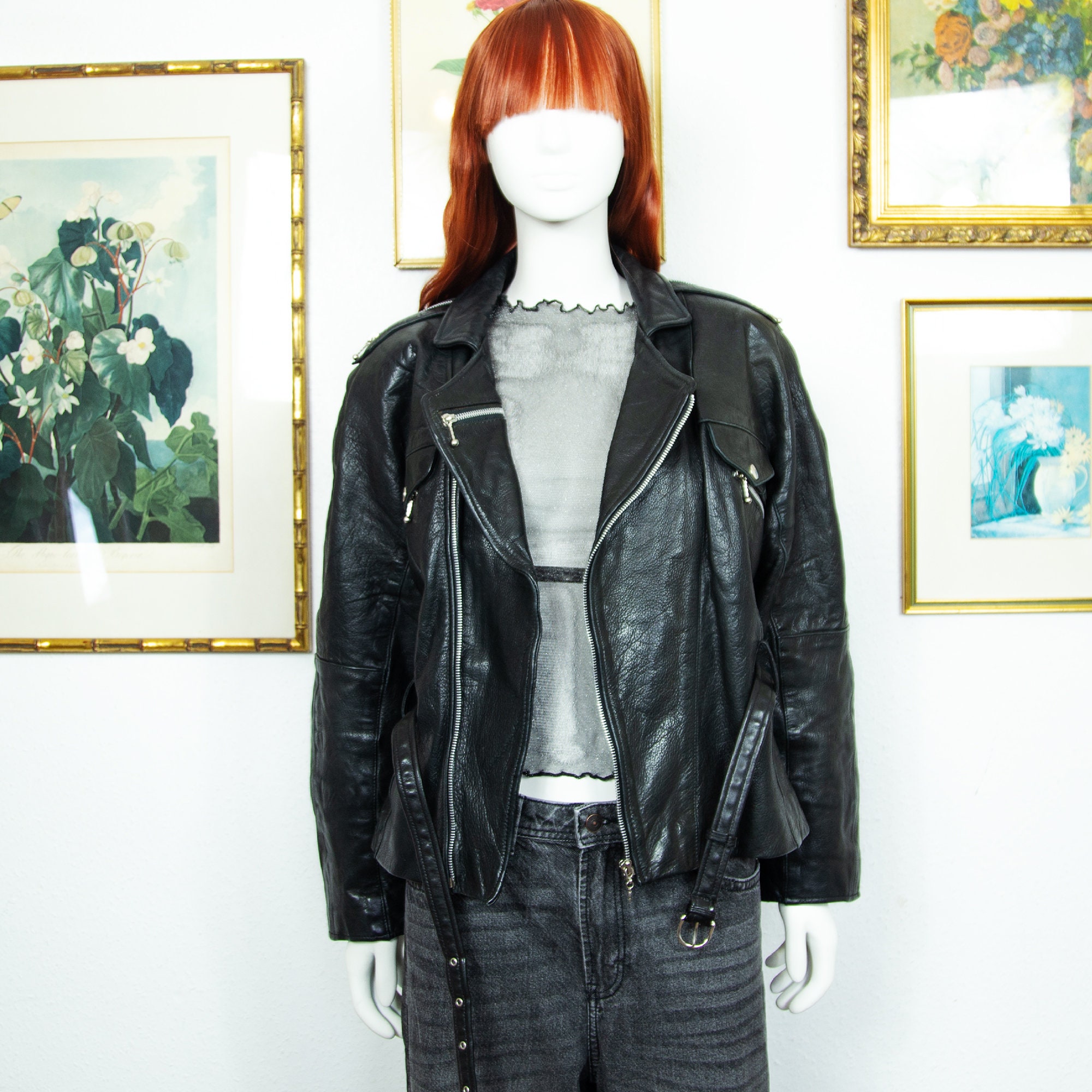 Vintage 1980s Black Real Leather Cinched Jacket With Belt