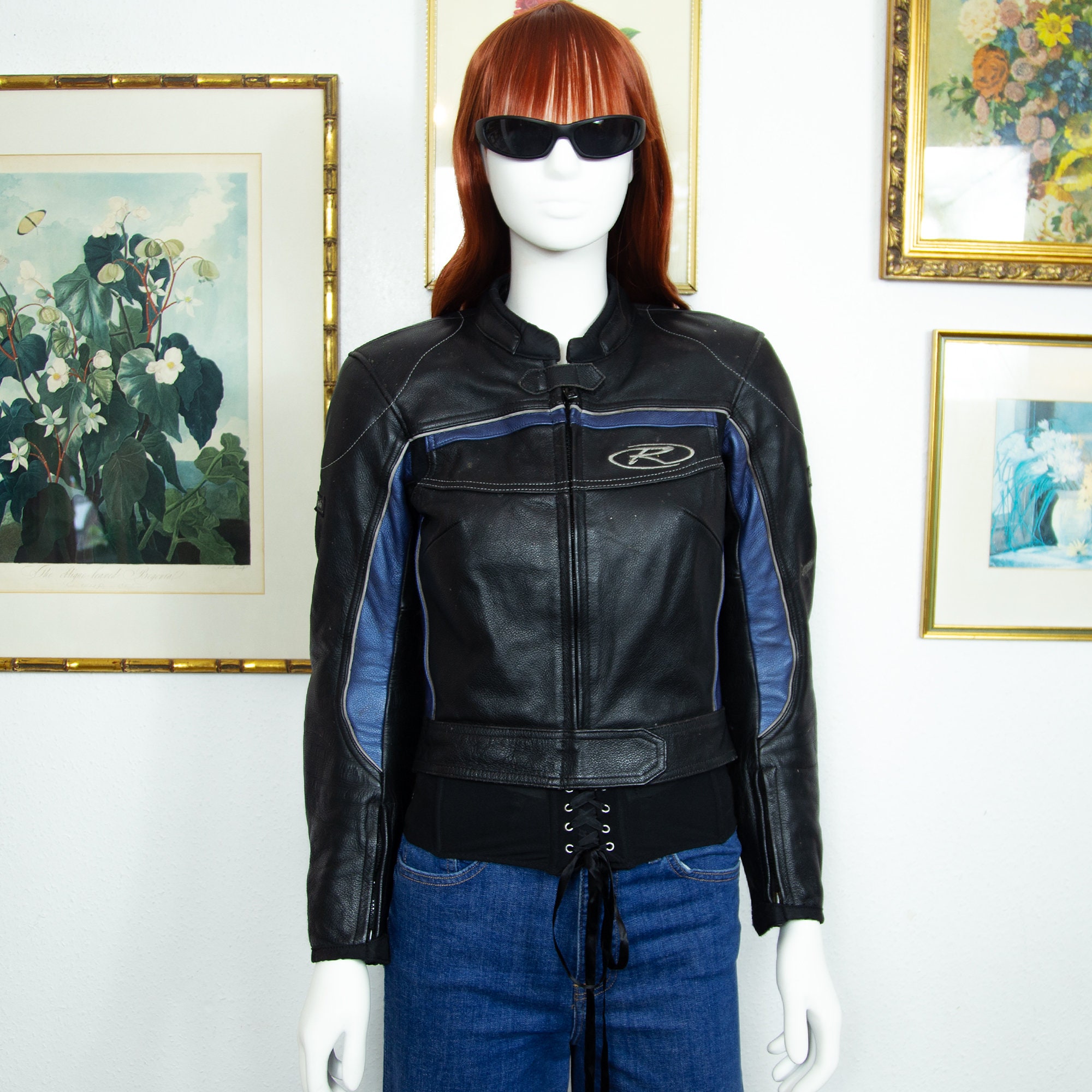 Vintage 1990s Black Real Leather Biker Short Jacket Blue