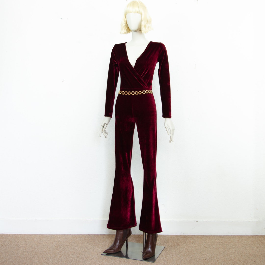 Vintage 90s Burgundy Velvet Maxi Stretch Jumpsuit Flare Leg - Etsy