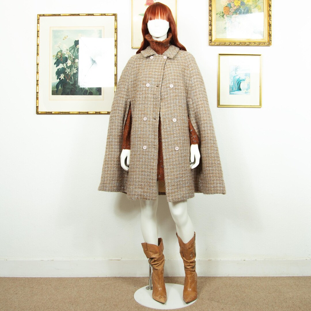 1970s Black Grey Belted Cape Coat | O/S