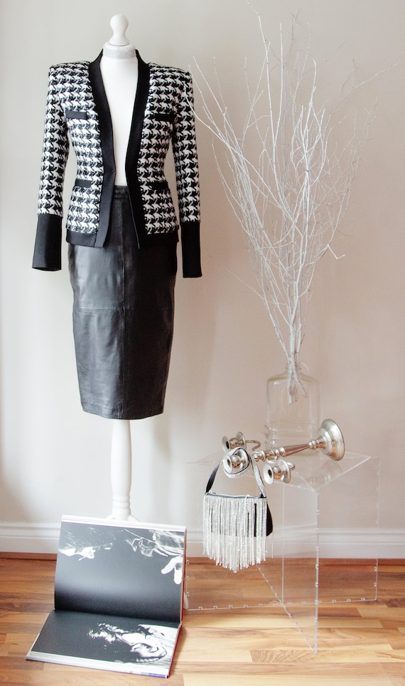 Woman Vintage Check Dogtooth Black White Fitted Bl