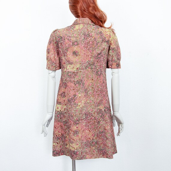 Vintage 60s Pink Brown Floral Embroidery Midi Tra… - image 3