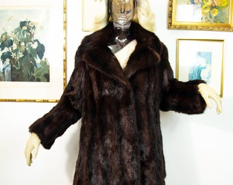 Vintage 1970s Dunkelbraune Echt Nerz Jacke Mittellanger Luxus Pelzmantel mit Kragen M