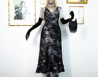 Vintage 1990s Italian Satin Slip Dress | Black & Grey Abstract Print | Size UK 10