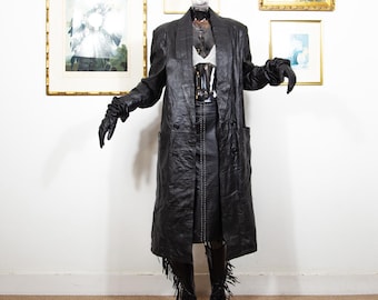 Long Black Leather Jacket, Long Coat With Shoulder Pads | Vintage