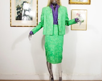 Vintage Dior Paris-rokkostuum uit de jaren 90, groen jacquard uitlopende jas, maat