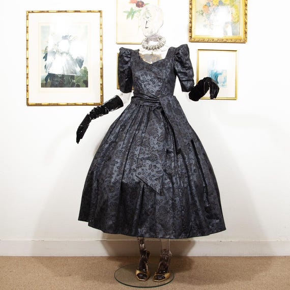 Vintage 1980s Laura Ashley Black Floral Maxi Dress Silver Glitter - Main Image