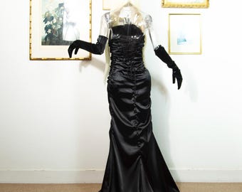 Vintage 1990s Black Satin Strapless Evening Gown Corset Back Ruched Detailing Size UK 8