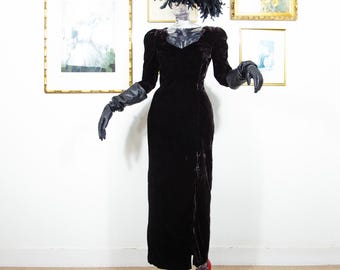 1980s Velvet Maxi Dress: Dark Brown Long Sleeve Vintage Gown, UK 12