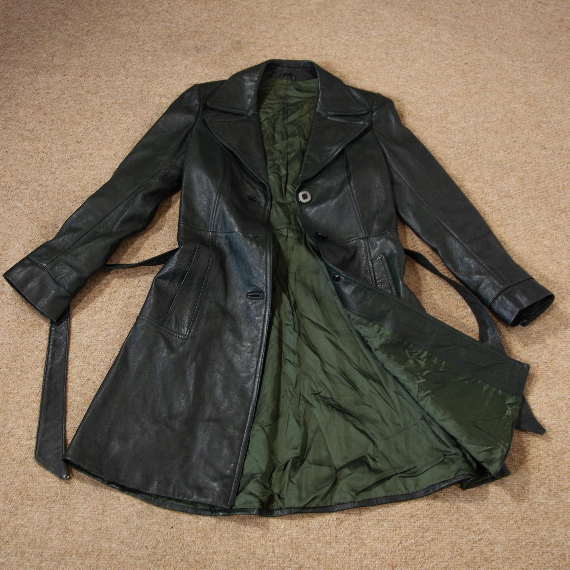 Vintage 1970s Forest Green Leather Jacket Tailored Belted A-line