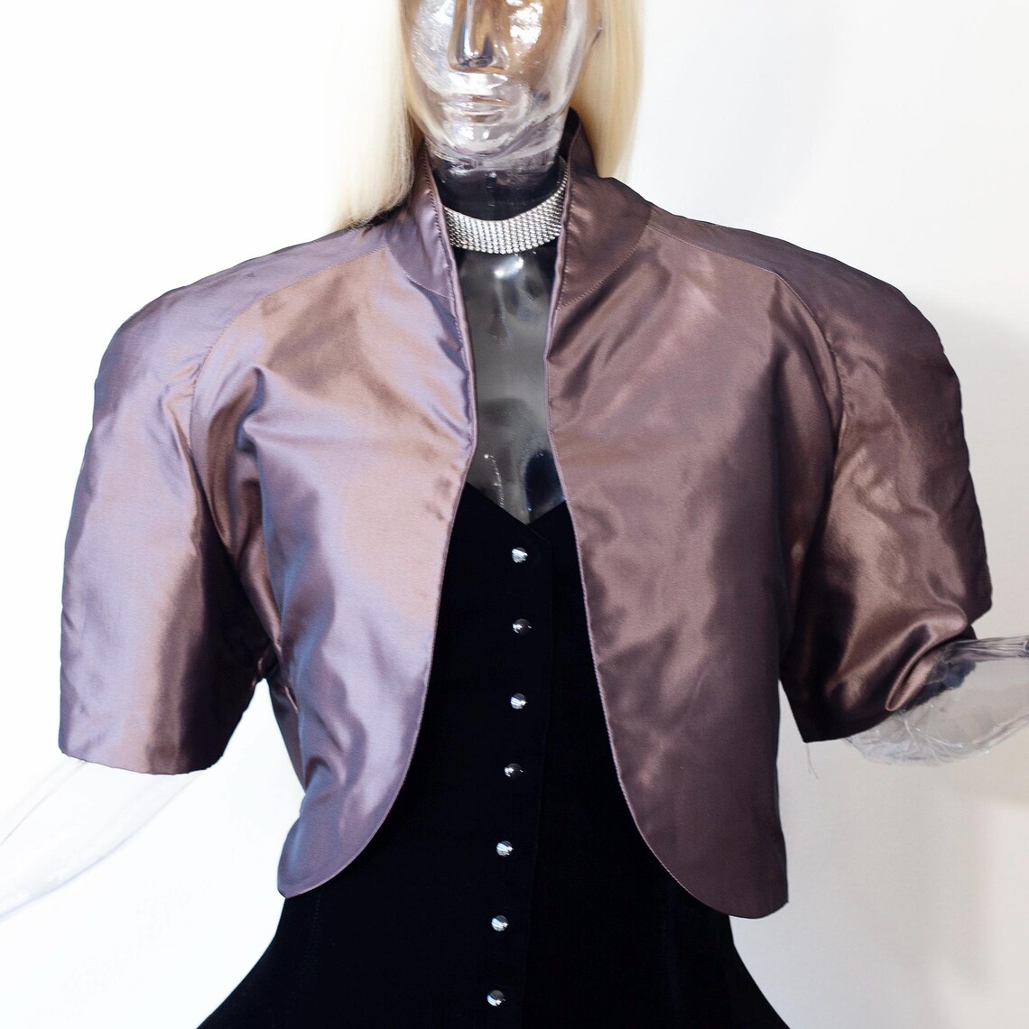 Vintage Scaraonati Black Velvet Purple Silk Taffeta Dress Bolero Set UK 8-10/US 4-6, foto 2 de 5
