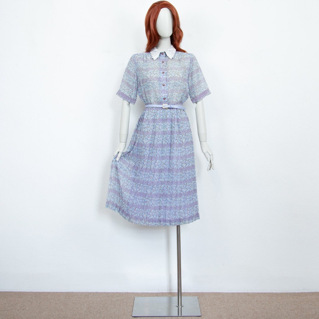 VINTAGE 80S 90S WHITE BLUE CACHAREL DESIGNER SWING MIDI BUTTON DOWN SKIRT 8 10 S