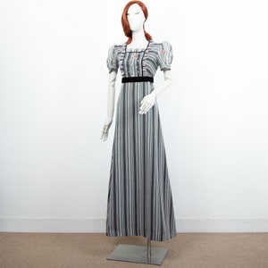 Vintage 70s Black White Maxi Stripes Prairie Dress Boho Short Sleeves Size S UK 10