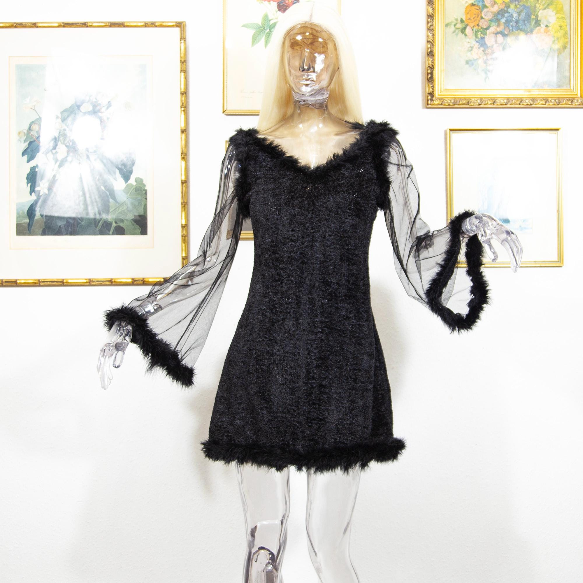 1990s Feather Trim Mini Dress: Vintage Black Sheer Bell Sleeve Party Dress (UK 12)