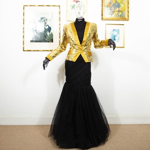 Vintage 1980s Victor Costa Neiman Marcus Gold Sequin Blazer Silk Statement Jacket Disco Power Glam Size M UK 12