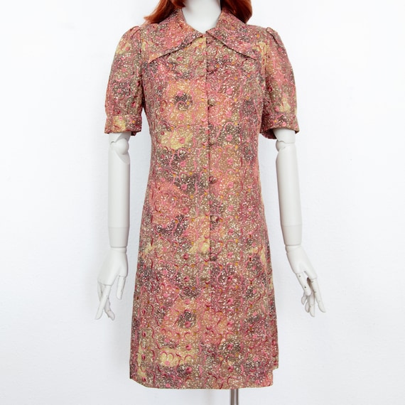Vintage 60s Pink Brown Floral Embroidery Midi Tra… - image 2