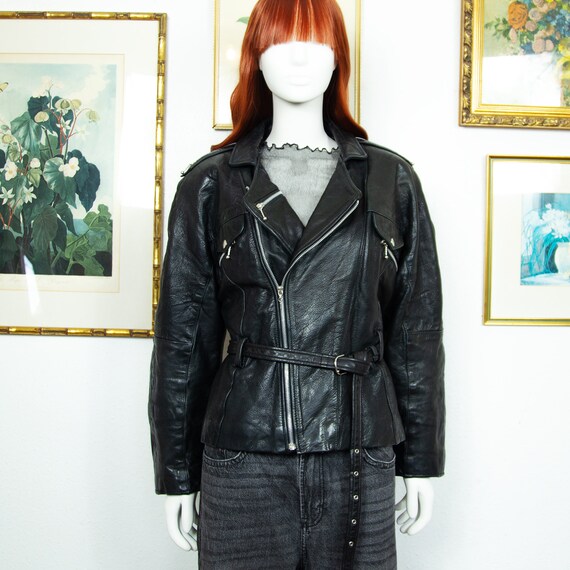 Vintage 1980s Black Real Leather Cinched Jacket W… - image 6