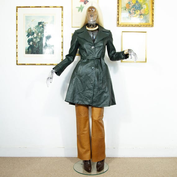 Vintage 1970s Forest Green Leather Jacket Tailored Belted A-line