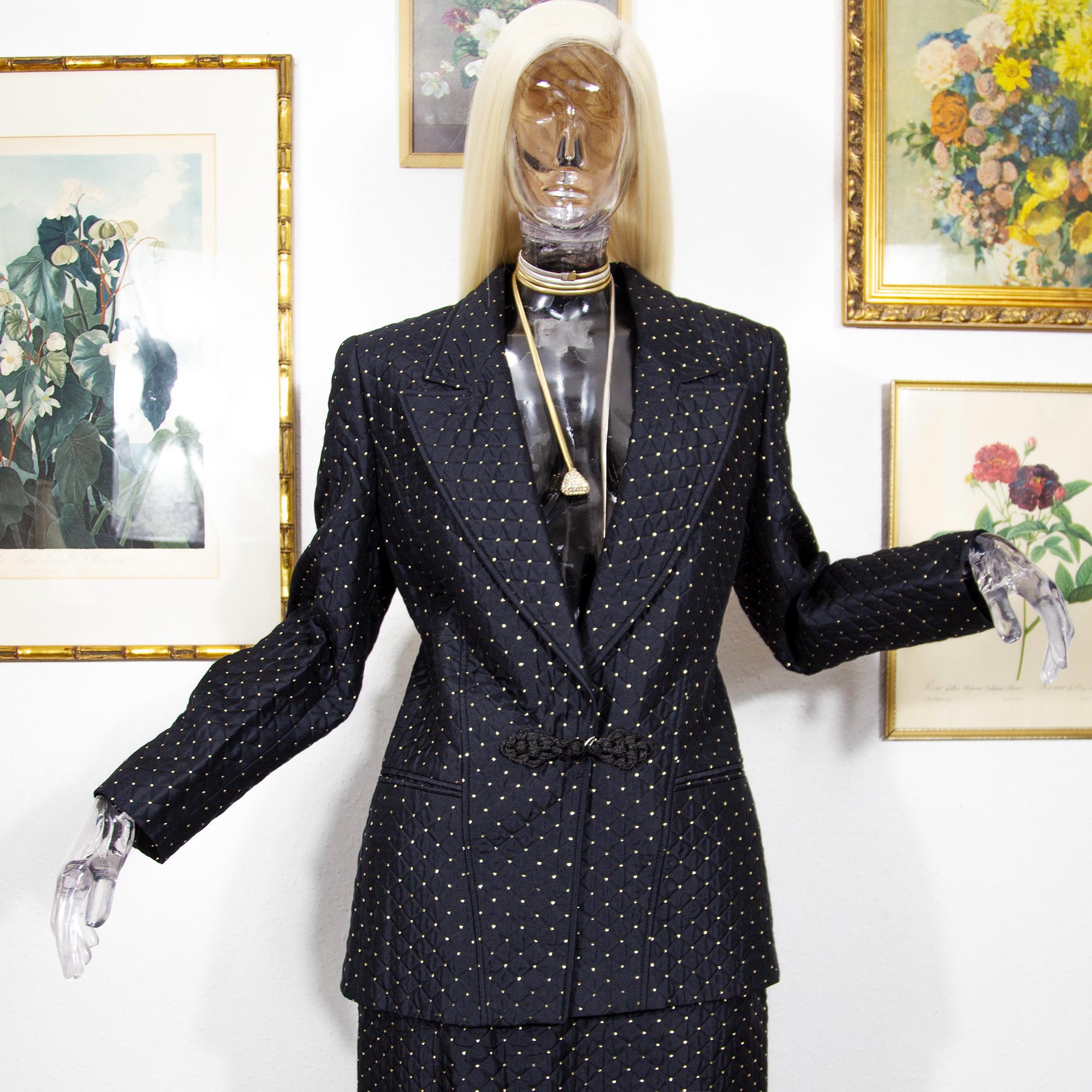 Vintage 1980s Valentino Miss V Quilted Silk Suit | Black Gold