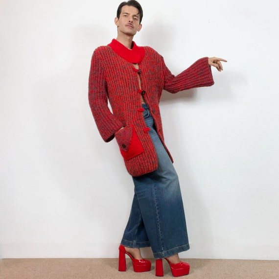 Vintage 90s Red Grey Wool Knitted Maxi Cardigan Long Bell Sleeves Front Buttons and Pockets Size L Etsy