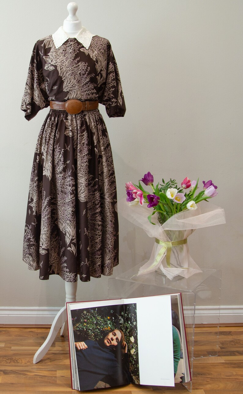 Vintage 70s Brown Maxi Dress Plants And Leaves Print Short ...